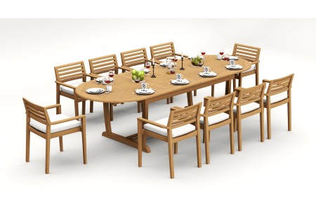 11 PC Dining Set - 117" Double Extension Masc Oval Table & 10 Montana Stacking Arm Chairs
