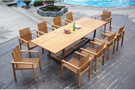 11 PC Dining Set - 117" Double Extension Masc Oval Table & 10 Clipper Stacking Arm Chairs