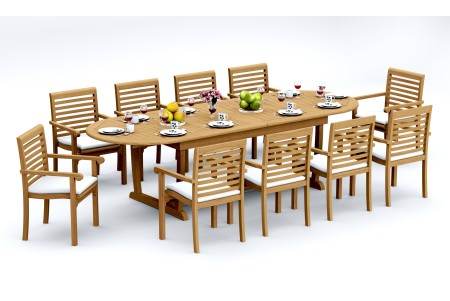 11 PC Dining Set - 117" Double Extension Masc Oval Table & 10 Hari Stacking Arm Chairs