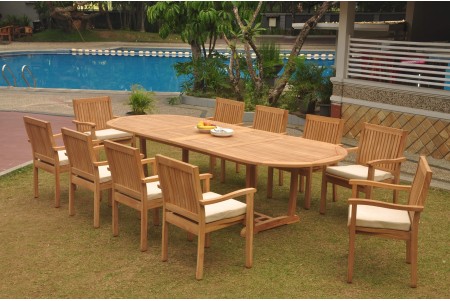 11 PC Dining Set - 117" Double Extension Masc Oval Table & 10 Leveb Stacking Arm Chairs