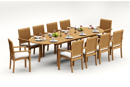 11 PC Dining Set - 117" Double Extension Masc Oval Table & 10 Lua Stacking Arm Chairs