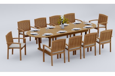 11 PC Dining Set - 117" Double Extension Masc Oval Table & 10 Wave Stacking Arm Chairs