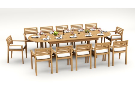 13 PC Dining Set - 117" Double Extension Masc Oval Table & 12 Montana Stacking Arm Chairs