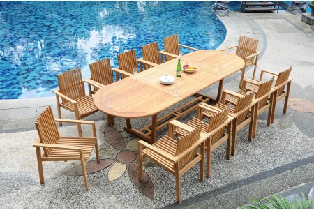 13 PC Dining Set - 117" Double Extension Masc Oval Table & 12 Clipper Stacking Arm Chairs