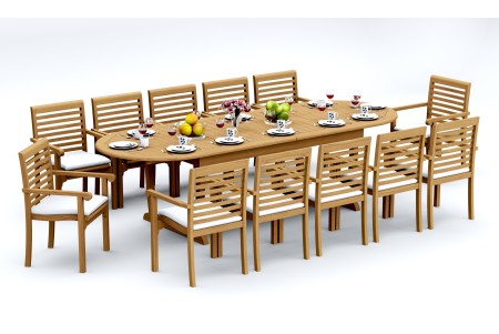 13 PC Dining Set - 117" Double Extension Masc Oval Table & 12 Hari Stacking Arm Chairs