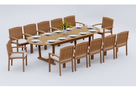 13 PC Dining Set - 117" Double Extension Masc Oval Table & 12 Wave Stacking Arm Chairs