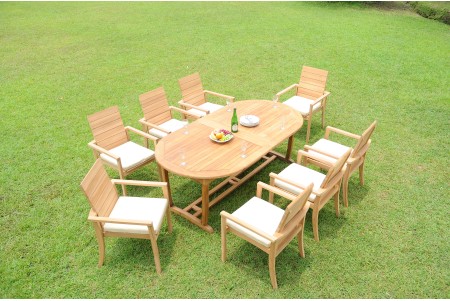 9 PC Dining Set - 117" Double Extension Masc Oval Table & 8 Algrave Stacking Arm Chairs