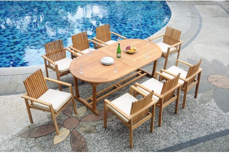 9 PC Dining Set - 117" Double Extension Masc Oval Table & 8 Clipper Stacking Arm Chairs