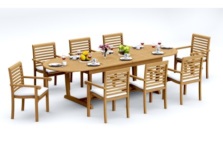 9 PC Dining Set - 117" Double Extension Masc Oval Table & 8 Hari Stacking Arm Chairs