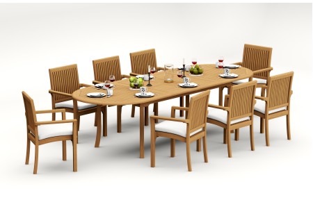 9 PC Dining Set - 117" Double Extension Masc Oval Table & 8 Lua Stacking Arm Chairs