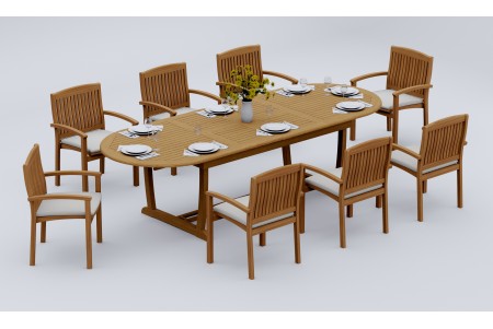 9 PC Dining Set - 117" Double Extension Masc Oval Table & 8 Wave Stacking Arm Chairs