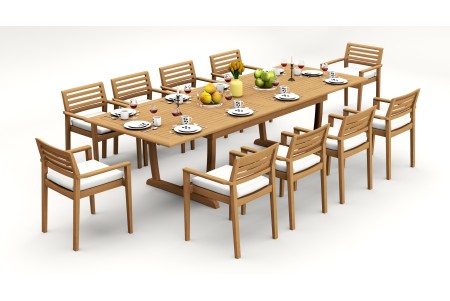 11 PC Dining Set - 117" Double Extension Masc Rectangle Table & 10 Montana Stacking Arm Chairs