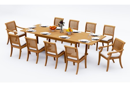 11 PC Dining Set - 117" Double Extension Masc Rectangle Table & 10 Arbor Stacking Chairs (8 Armless, 2 Arms)  