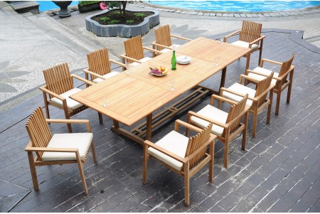 11 PC Dining Set - 117" Double Extension Masc Rectangle Table & 10 Clipper Stacking Arm Chairs