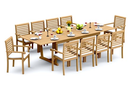 11 PC Dining Set - 117" Double Extension Masc Rectangle Table & 10 Hari Stacking Arm Chairs