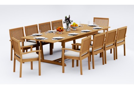 11 PC Dining Set - 117" Double Extension Masc Rectangle Table & 10 Leveb Stacking Arm Chairs