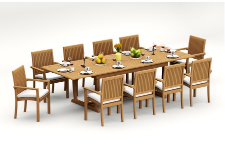 11 PC Dining Set - 117" Double Extension Masc Rectangle Table & 10 Lua Stacking Arm Chairs