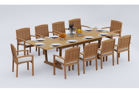 11 PC Dining Set - 117" Double Extension Masc Rectangle Table & 10 Wave Stacking Arm Chairs