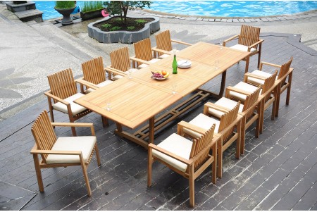 13 PC Dining Set - 117" Double Extension Masc Rectangle Table & 12 Clipper Stacking Arm Chairs