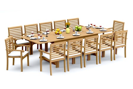 13 PC Dining Set - 117" Double Extension Masc Rectangle Table & 12 Hari Stacking Arm Chairs