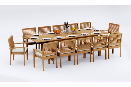13 PC Dining Set - 117" Double Extension Masc Rectangle Table & 12 Leveb Stacking Arm Chairs