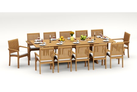 13 PC Dining Set - 117" Double Extension Masc Rectangle Table & 12 Lua Stacking Arm Chairs