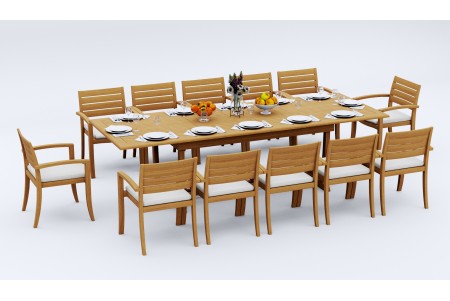 13 PC Dining Set - 117" Double Extension Masc Rectangle Table & 12 Travota Stacking Arm Chairs