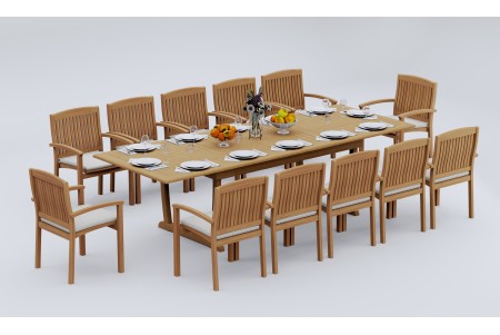 13 PC Dining Set - 117" Double Extension Masc Rectangle Table & 12 Wave Stacking Arm Chairs
