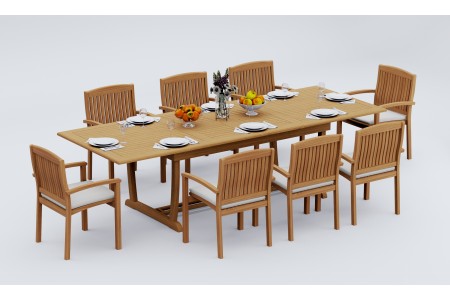 9 PC Dining Set - 117" Double Extension Masc Rectangle Table & 8 Wave Stacking Arm Chairs