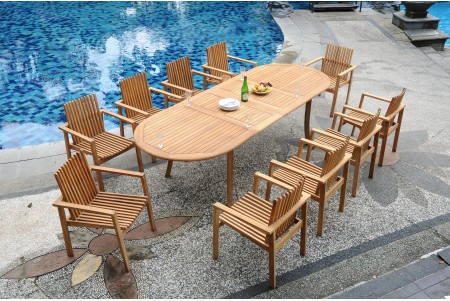 11 PC Dining Set - 117" Double Extension Oval Table & 10 Clipper Stacking Arm Chairs