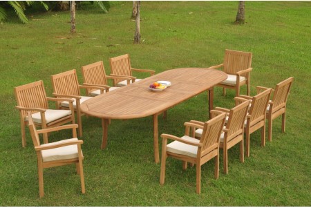 11 PC Dining Set - 117" Double Extension Oval Table & 10 Leveb Stacking Arm Chairs