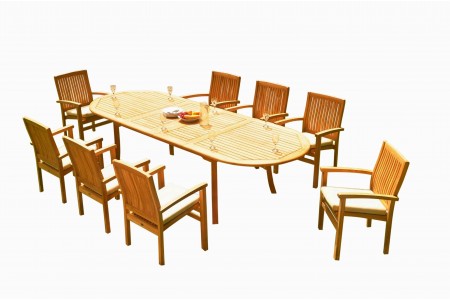 11 PC Dining Set - 117" Double Extension Oval Table & 10 Wave Stacking Arm Chairs