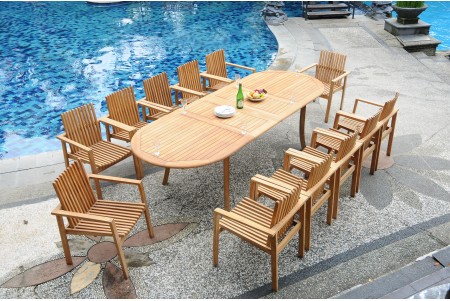 13 PC Dining Set - 117" Double Extension Oval Table & 12 Clipper Stacking Arm Chairs