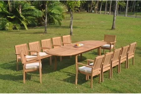 13 PC Dining Set - 117" Double Extension Oval Table & 12 Leveb Stacking Arm Chairs