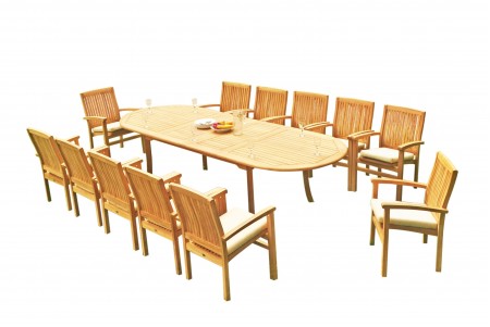 13 PC Dining Set - 117" Double Extension Oval Table & 12 Wave Stacking Arm Chairs