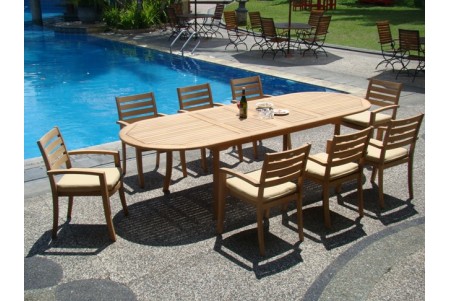 9 PC Dining Set - 117" Double Extension Oval Table & 8 Travota Stacking Arm Chairs