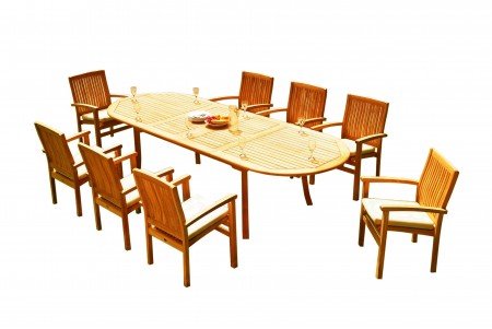 9 PC Dining Set - 117" Double Extension Oval Table & 8 Wave Stacking Arm Chairs