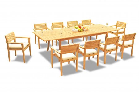 11 PC Dining Set - 117" Double Extension Rectangle Table & 10 Montana Stacking Arm Chairs