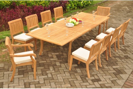 11 PC Dining Set - 117" Double Extension Rectangle Table & 10 Arbor Stacking Chairs (8 Armless, 2 Arms)  