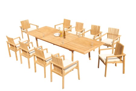 11 PC Dining Set - 117" Double Extension Rectangle Table & 10 Clipper Stacking Arm Chairs