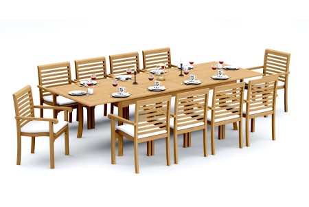 11 PC Dining Set - 117" Double Extension Rectangle Table & 10 Hari Stacking Arm Chairs