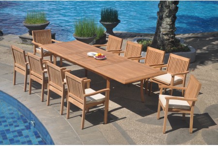 11 PC Dining Set - 117" Double Extension Rectangle Table & 10 Leveb Stacking Arm Chairs