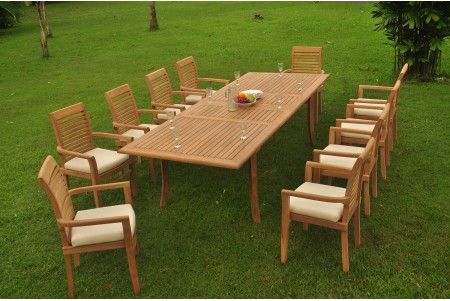 11 PC Dining Set - 117" Double Extension Rectangle Table & 10 Mas Stacking Arm Chairs
