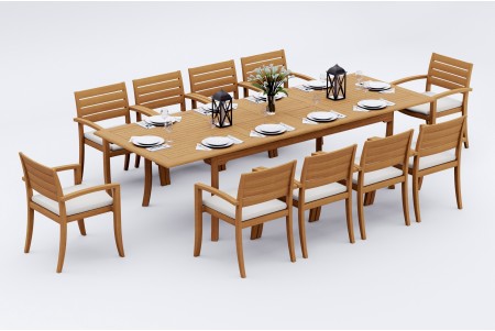 11 PC Dining Set - 117" Double Extension Rectangle Table & 10 Travota Stacking Arm Chairs