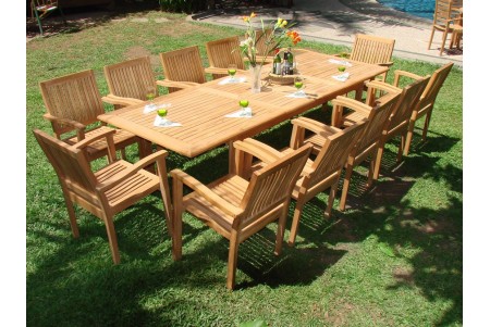 13 PC Dining Set - 117" Double Extension Rectangle Table & 12 Leveb Stacking Arm Chairs