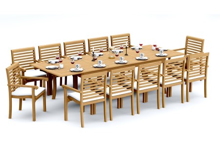 13 PC Dining Set - 117" Double Extension Rectangle Table & 12 Hari Stacking Arm Chairs