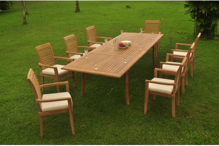 9 PC Dining Set - 117" Double Extension Rectangle Table & 8 Mas Stacking Arm Chairs