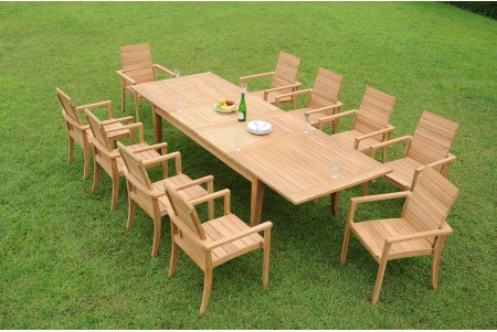 11 PC Dining Set - 122" Atnas Rectangle Table & 10 Algrave Stacking Arm Chairs