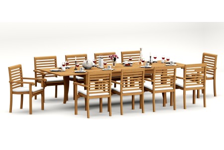 11 PC Dining Set - 122" Atnas Rectangle Table & 10 Hari Stacking Arm Chairs