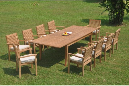 11 PC Dining Set - 122" Atnas Rectangle Table & 10 Leveb Stacking Arm Chairs
